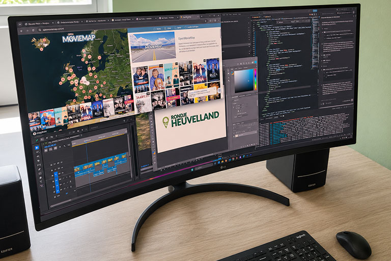 Ultrawide monitor met OpenMovieMap, Rondje Heuvelland en videobewerking naast elkaar open